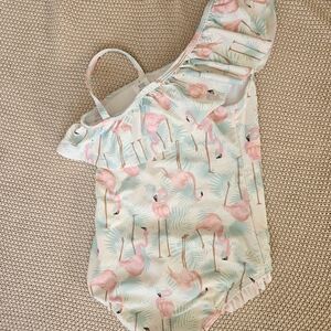 Ruffle Butts Flamingo Print One Piece - Pink and Blue